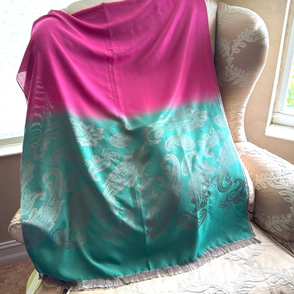 Pink Gray and Teal Paisley Scarf large silk and viscose shimmery shawl and scarf
